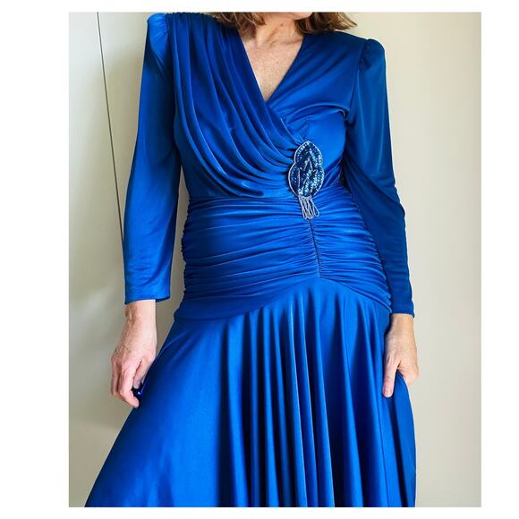 Vintage 80s Dynasty Cobalt Blue Dress Size 10 Draped Midi Length Sexy Party - Picture 5 of 12